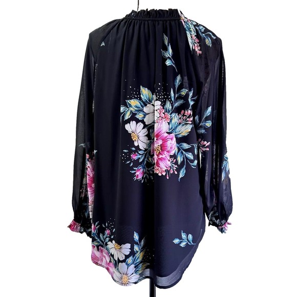 Yumi Kim Women’s Silk Blouse Sz S Black Pink Floral Print Tie Ruffled Neck - Picture 7 of 14